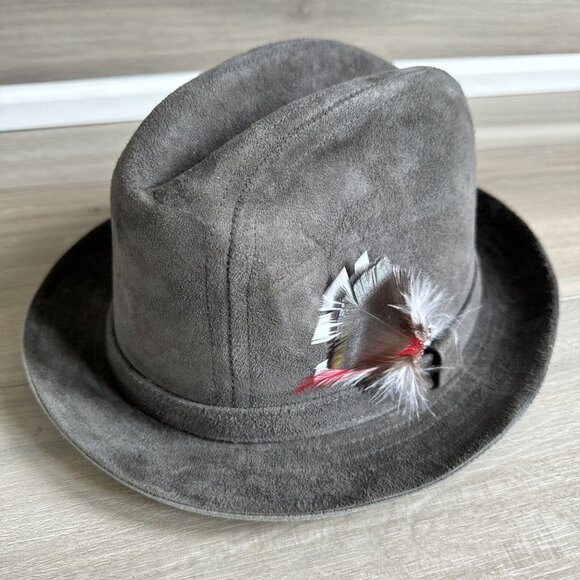 Vintage Stetson Fedora Hat Size 6 7/8  Grey Gray Suede Leather Feathers Usa Made - Picture 1 of 9